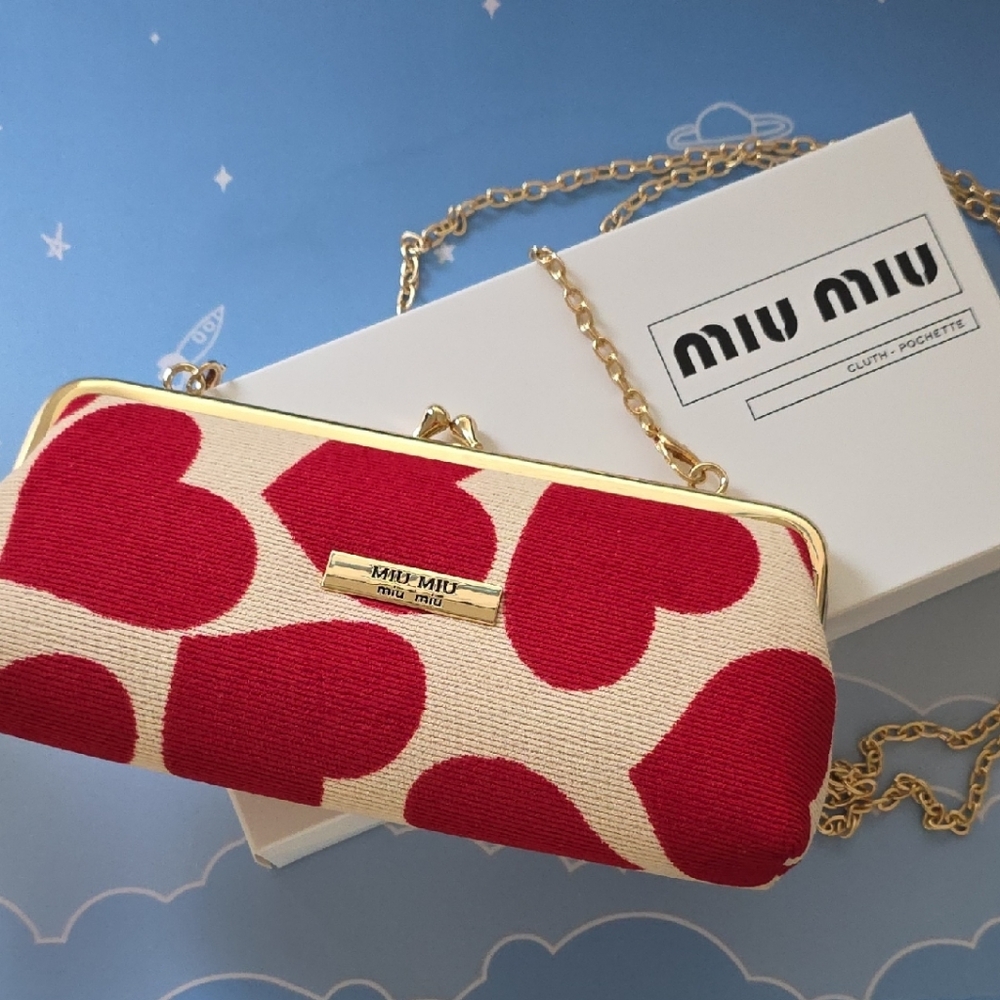 Miu Miu Red Heart Canvas Clutch with Gold Chain